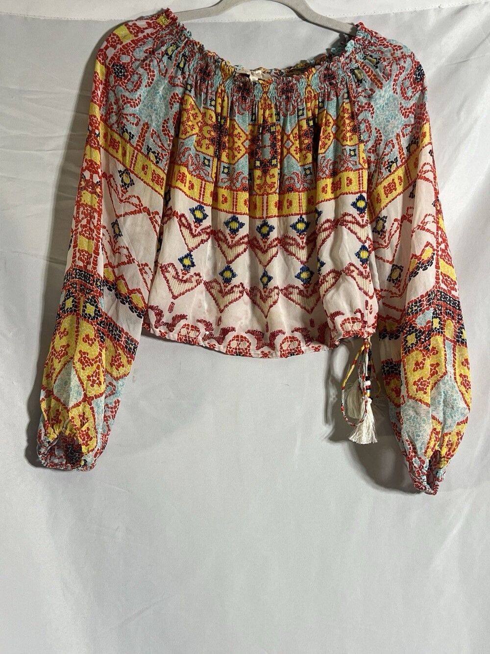 Rococo Sand Silk Sequined Embellished Off Shoulder Tasseled Top Boho Size XS